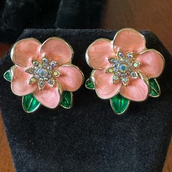 Pink, Orange, Green Glazed, Glossy, Enamel, Crystal Flower Shaped Stud Earrings - Picture 5 of 6